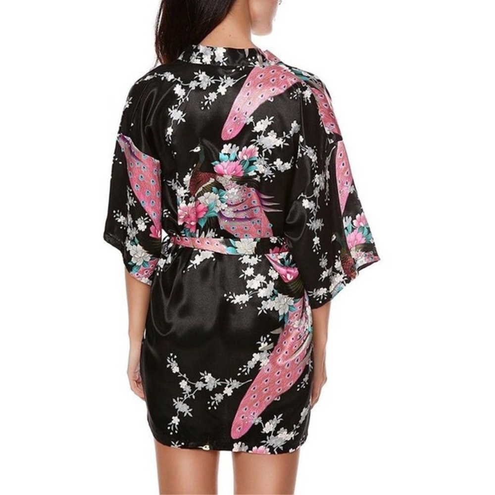 MEI YESIDA Black Silk Satin Kimono Style Robe - Picture 2 of 4